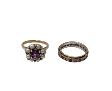 Gold amethyst and split pearl cluster ring and a gold paste stone set full eternity ring, both stamped 9ctCondition Report:Ap