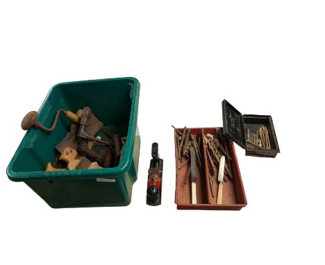 Collection of tools, including Stanley plane and a collection of drill bits