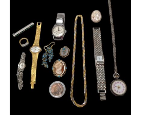 14ct gold cameo brooch, with turquoise surround, early 20th century keyless lever fob watch, on later silver chain, Octo stai