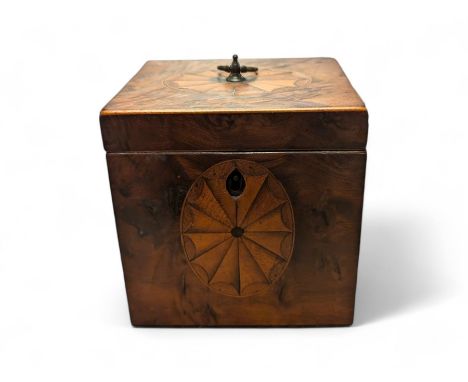 George III inlaid cube tea caddy, with brass loop handle, H10.5cm