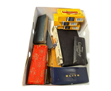 Platignum Elite fountain pen, boxed, other boxed pens, and a collection of drawing instruments and slide rules, including Rab