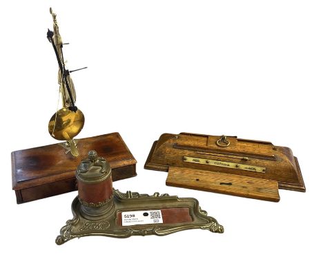 19th century brass and red marble inkstand with pen recess, L25cm, together with an Art Deco desk stand detailed 'RED COPYING