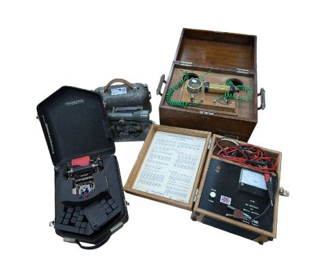 Dumpy level by Cooke Troughton & Simms in metal case, Clare Ohmmeter and a Palantype court stenographers machine etc