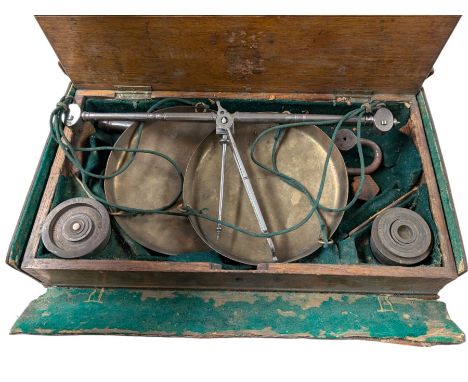 Set of metal scales and weights, in fitted wooden box by George Head & Co Appraisers
