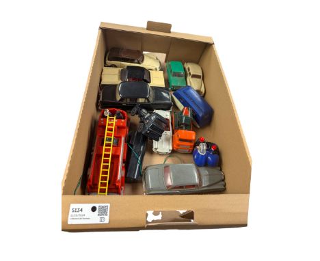 Collection of plastic and tinplate cars, predominantly made in Hong Kong, including OK examples and a Marx fire engine