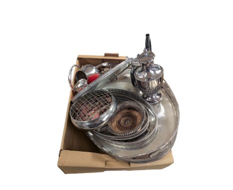 Collection of silver plate, including large trays, teapot on burner, rose bowl, etc 