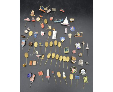 A large collection of vintage and antique advertising and society enamel tie pins and badges. L.3cm (largest pin) 