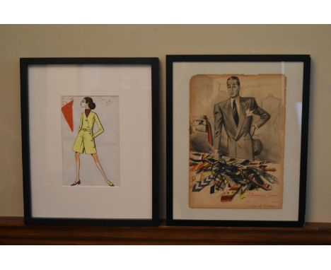 A watercolour fashion design sketch along with a scrap of fabric, indistinctly signed and a vintage advertising print for Dom