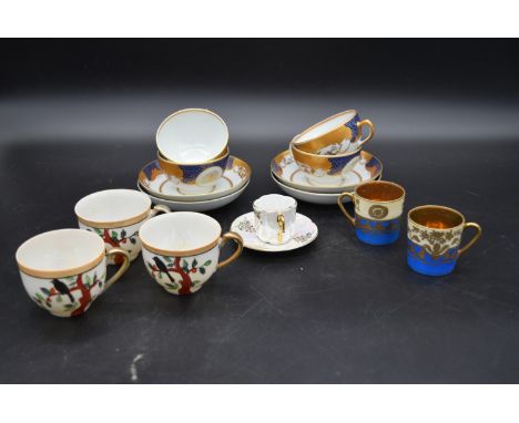 A set of four Garrrard blue and gilt Chinese influenced cups and saucers, three Japanese cups, a pair of Continental coffee c