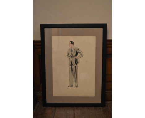 A large framed and glazed watercolour sketch, fashion study, indistinctly signed. H.94 W.73cm 