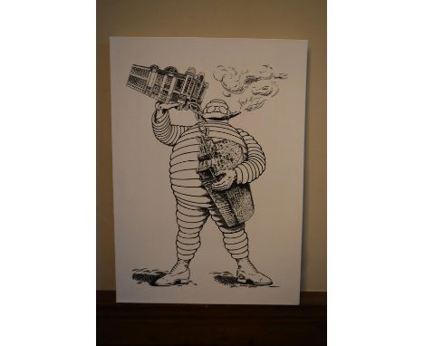 A print on canvas of the Michelin man and the Bibendum building. H.72 W.51cm 