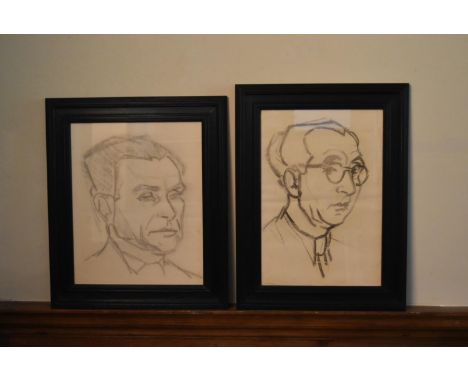A pencil sketch, male portrait anlong with another similar, unsigned, possibly by the same artist, both framed and glazed. H.