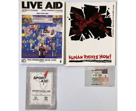 An original concert programme for Live Aid 1985 as well as a ticket stub. Also a 'Sport Aid' race flyer, 1988 Human Rights No