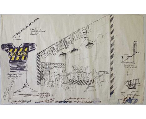 An original hand-drawn production sketch with a montage of images detailing the proposed stage design for The Clash's 1982 da