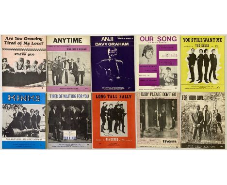 Ten original pieces of sheet music: Robert Plant, The Kinks, Davy Graham, The Riot Squad, Status Quo, Them, Yardbirds. Mostly