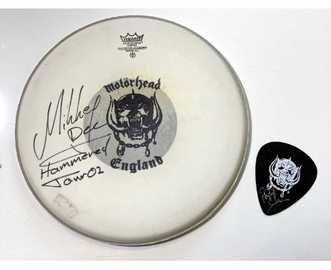 Signed items to include: printed Motorhead Remo made drumskin (14.5") signed in marker pen by Mikkey Dee. An oversized plectr