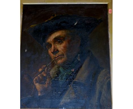 An early 19th century oil on canvas portrait of a pipe smoking gent in trihorn hat (a/f), 53x42cm