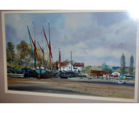 Michael Norman (British, b.1933) RSMA - watercolour over lithograph of Thames barges near Pin Mill, signed and dated lower ri