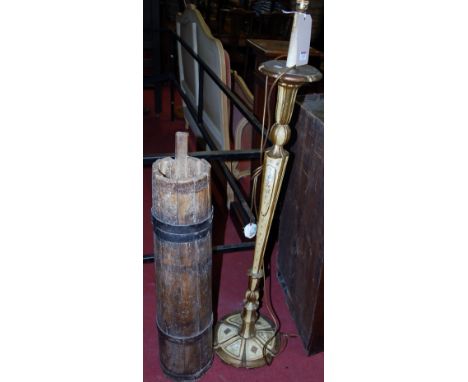 An early 20th century painted and giltwood standard lamp; together with a coopered pine stickstand (2)