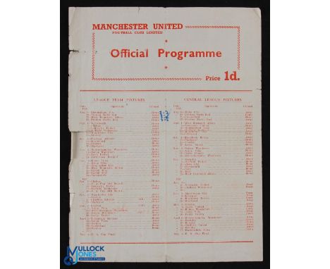 1956/57 Manchester Utd public trial match 11 August 1956 single sheet, first team had Duncan Edwards, Roger Byrne, Bill Foulk