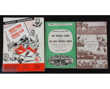 1954 Football League v Irish Football League (at Liverpool), 1956 League of Ireland v Football League (at Dublin), 1957 Scott