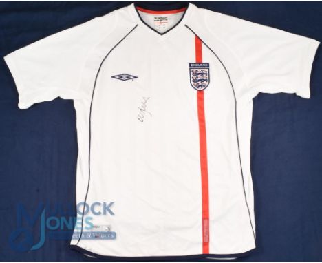 England FC home football shirt 2001-2003, Size M, Umbro, white, good condition with an unknown signature on front and pen mar