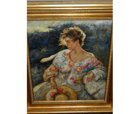 20th century Continental school, a portrait study, oil on canvas, signed lower right. H.60cm W.51cm