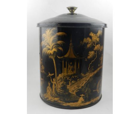 A Worcester toleware waste paper basket, parcel gilded and decorated with a chinoiserie landscape.