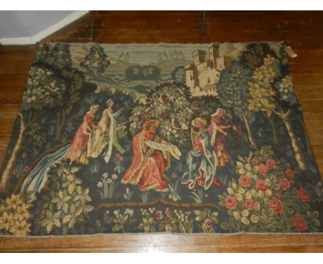 A French wall hanging tapestry, decorated with figures in landscape, birds and foliage, bears label to back 'Tournaisis'. L.2