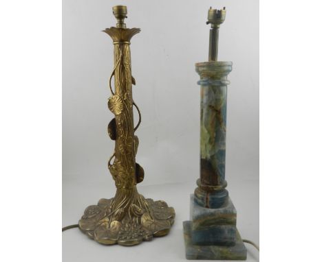 A mottled quartzite/onyx table column table lamp, H: 44cm, together with a gilt alloy Art Nouveau style table lamp. (2)