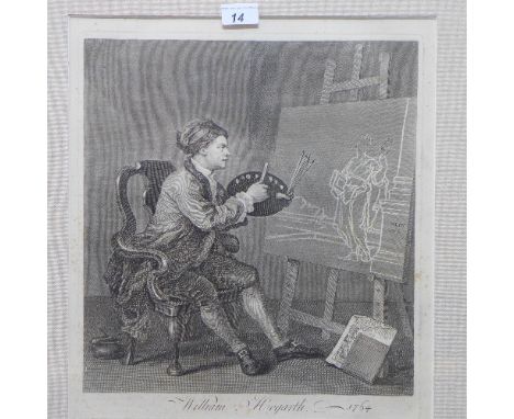 An original Hogarth engraving self portrait of the artist at his easel with restored framing. 