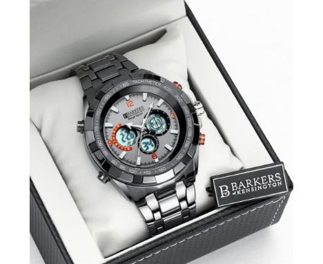 A Barkers of Kensington Mega Sport wristwatch, quartz movement, stainless steel back, the grey dial with orange detailing, th