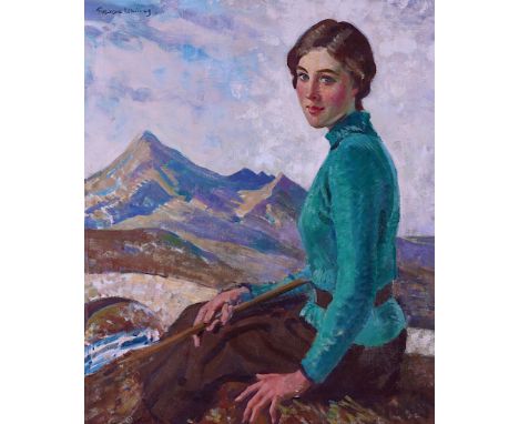FREDERIC WHITING (BRITISH, 1874-1962)Portrait of a woman seated by a bridge over a stream in a mountainous landscapesigned 'F