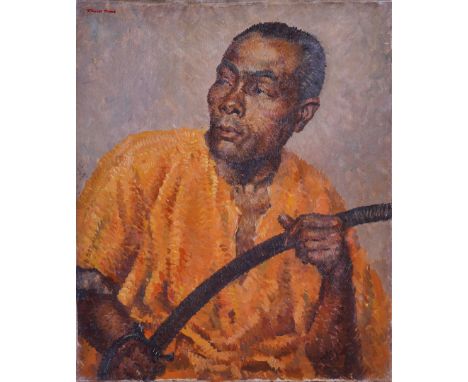 FRANCIS WYNNE THOMAS (BRITISH, 1907-1989)Portrait of a man in an orange shirt, holding a swordsigned 'F WYNNE THOMAS' (upper 