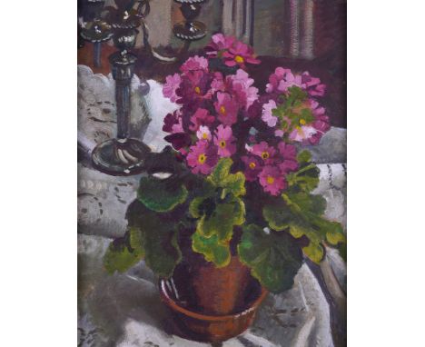 FOLLOWER OF VANESSA BELLStill life of flowers in a terracotta pot, and a candelabra; A portrait of a lady (verso)oil on board
