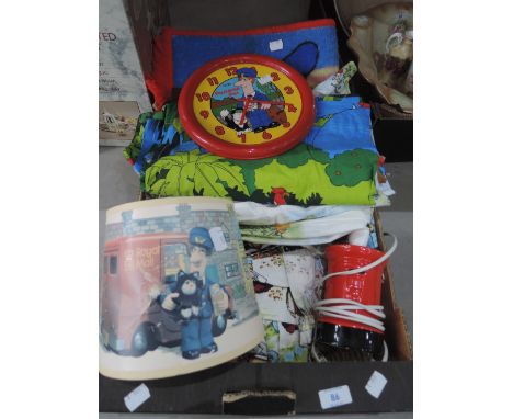 A selection of childrens curtains, duvet cover and Postman Pat lamp etc