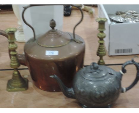 A copper kettle, pair of brass candlesticks and pewter teapot