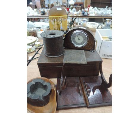 Aselection of treen including mantle clock, boxes, bottle stands etc
