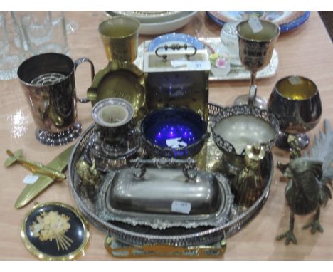 A miscellaneous selection including plated ware brass carriage clock ect.