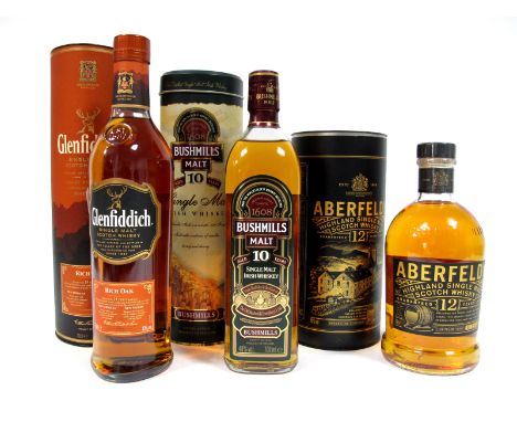 Whisky - Glenfiddich Single Malt Scotch Whisky Rich Oak, matured for 14 years, 70cl, 40% Vol., boxed; Bushmills Single Malt I