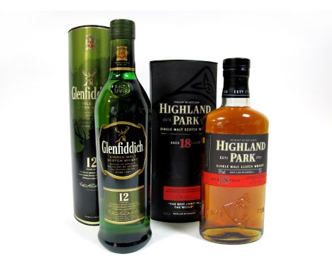 Whisky - Glenfiddich Single Malt Scotch Whisky 12 Years Old, 70cl, 40% Vol., boxed; Highland Park Single Malt Scotch Whisky A