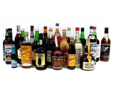 Spirits - A Large Assorted Collection, including; Lamb's Navy Rum, Sandeman Port, Royal Brandy, Cherry Brandy, Martini Bianco