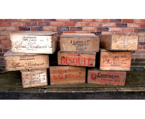 A Collection of Nine Wooden Crates, including Louis Roederer Champgagne (2), Liqueur, Vercherre & Co. beaune, J & F Martell C