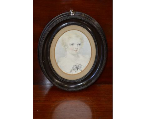 English School (19th century)
Portrait of a Child
signed in pencil McCl** and dated 1840, watercolour, oval, 10cm x 8cm