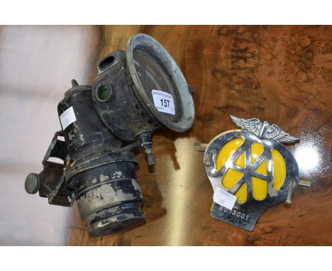 A Lucas carbide motorcycle lamp; an AA badge (2)