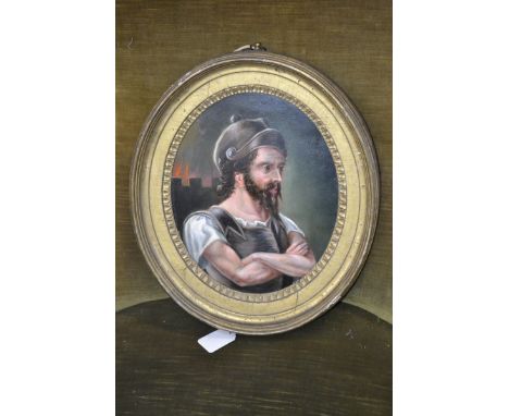 Italian School (19th century)
Portrait of a Soldier, a City Burning in the Distance
oil on board, oval, 24.5cm x 20cm