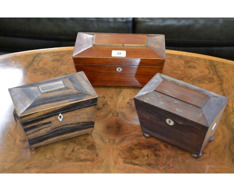 A post-Regency coromandel sarcophagus tea caddy; others, similar, mahogany (3)