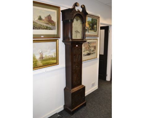 A George III over carved oak longcase clock, Victorian dial and movement signed H. Baker, Appleby Magna swan neck pediment, a