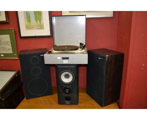 A Garrard Model T record player schedule 50330/1, Decca Bakelite pick-up in hammerite type finished metal case bearing badge 