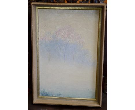 Attributed to Gyrth Russel
Trees in the Mist
oil on hardboard panel, 40cm x 25.5cm

Label to verso for Dean Galleries, Glouce